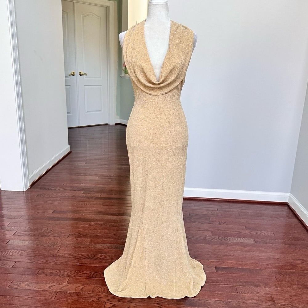 Bari Jay Gold Fully Glitter Plunge Cowl Neck Sexy Open Low Back Maxi Gown Dress